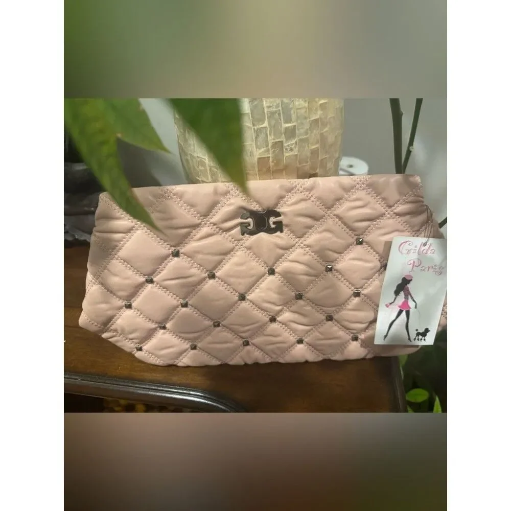 Quilted Beige Wristlet Clutch with Metal Accent